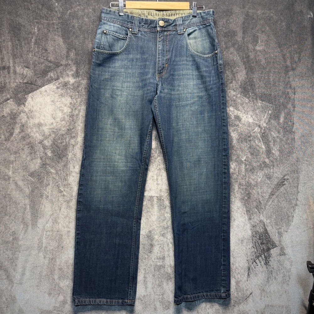 Wrangler Jeans Mens 32x32 Blue Cotton Relaxed Straight Mid Rise Faded Casual
